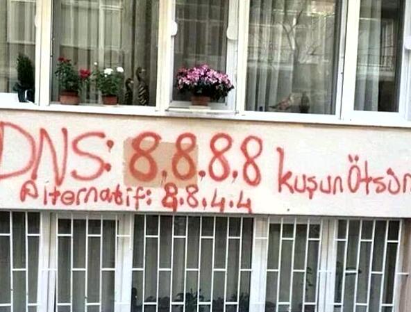 Google's DNS address painted on a wall in Turkey